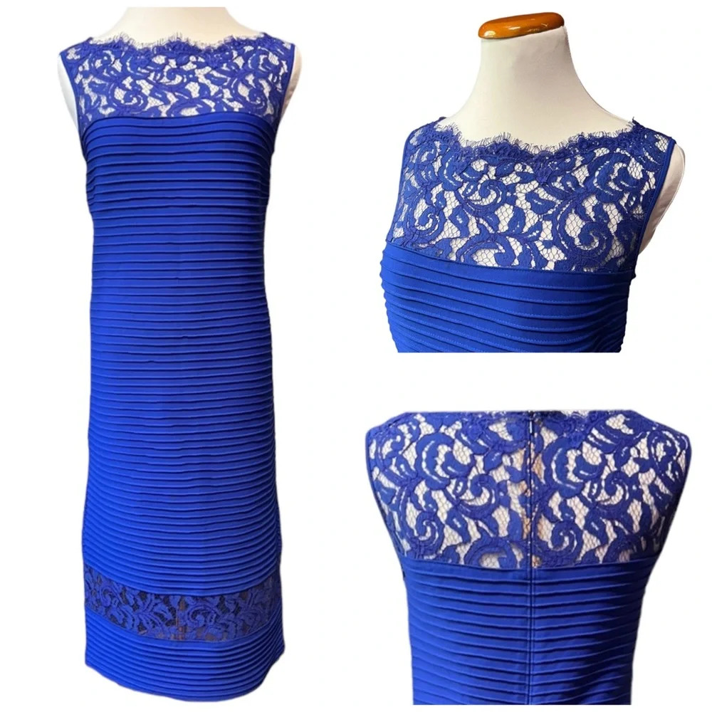 Tadashi Shoji Cobalt Blue Horizontal Pleated Bodycon dress with Lace Bod… - Picture 2 of 8